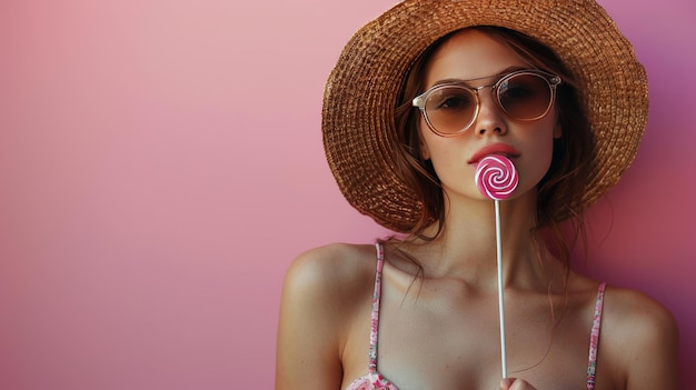 Woman in Straw Hat and Sunglasses Holding Lollipop