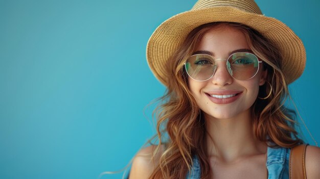 Женщина в соломенной шляпе и солнцезащитных очках позирует для фотографии