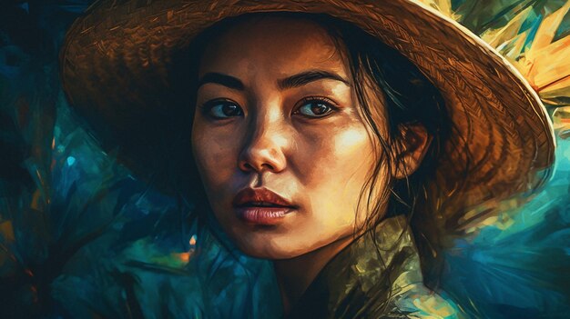 A woman in a straw hat with a blue background.