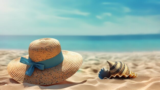 Photo woman straw hat with blue bow and seashell on beach sand at mediterranean sea summer