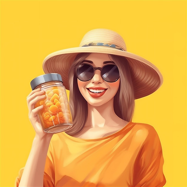 Woman in straw hat with bottle of sunscreen supplements or pills innovative sun protection