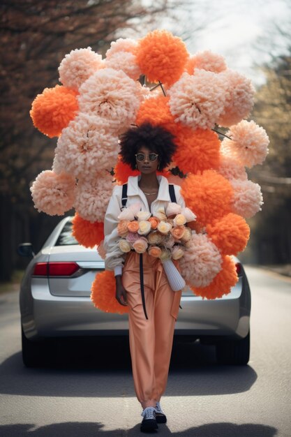 A woman in the street wearing sunglasses and hold a large bouquet of flowers Vertical orientation