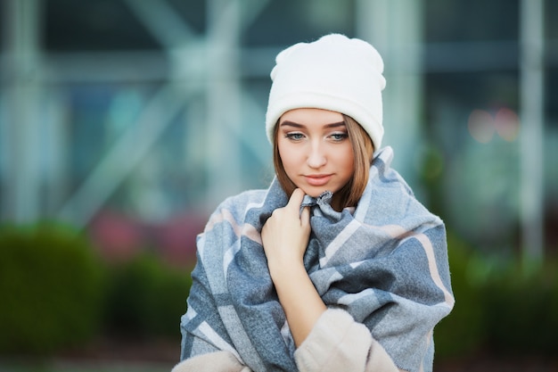 Woman stress. Beautiful sad desperate woman in winter coat suffering depression