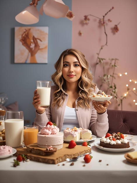 woman stretches hand to delicious dessert holds glass of milk eats cake junk food