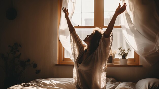 A woman stretching in bed with a window behind her.