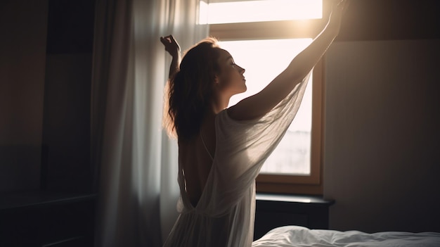 A woman stretching in a bedroom with a window behind her.