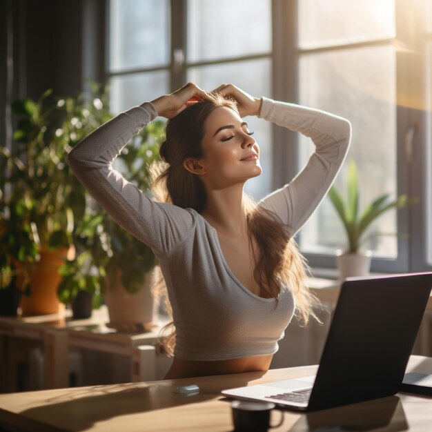 Woman stretching at desk with sunlight streaming in