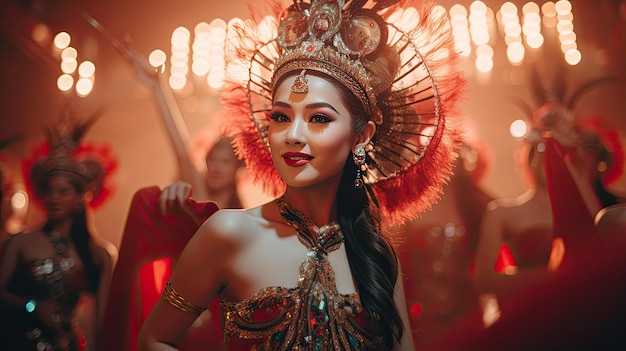 Woman in Striking Red and Gold Costume for a Festive Celebration of Tradition Culture Chinese new year