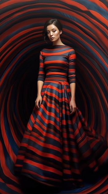 A woman in a striped dress stands in front of a circular pattern.