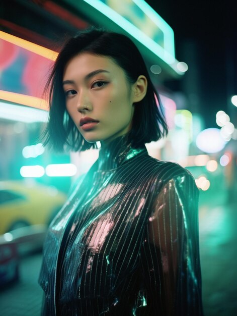 a woman in a striped jacket stands in front of a neon lights.