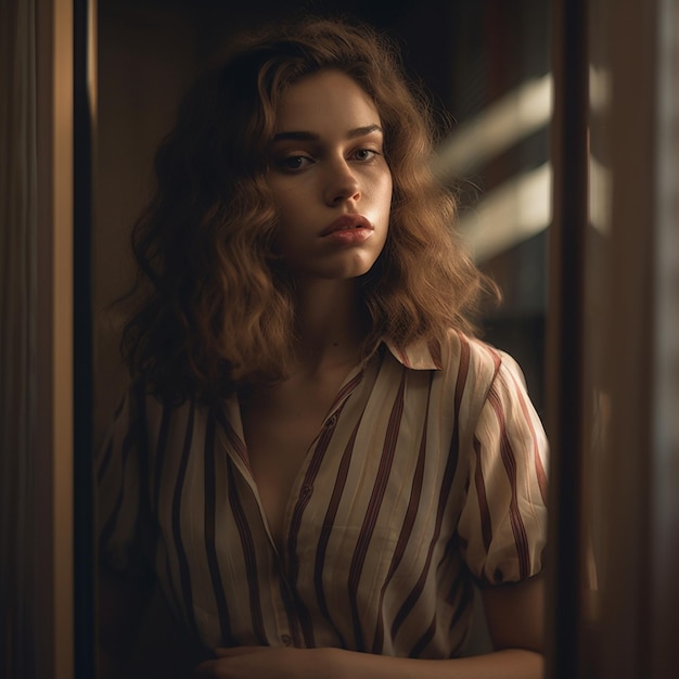 a woman in a striped shirt is standing in front of a mirror.