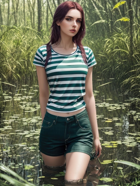 A woman in a striped shirt and shorts stands in a pond with water lilies.