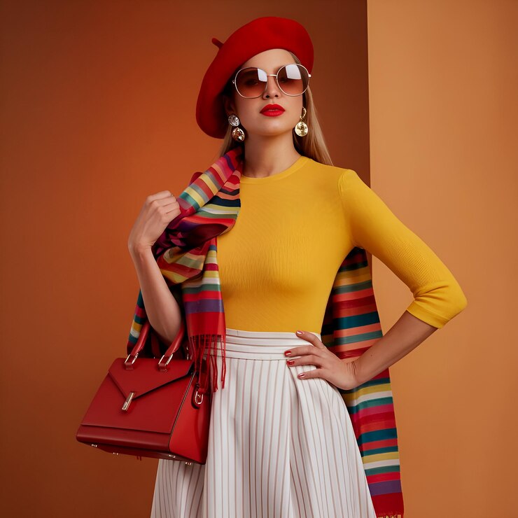 Photo woman in a striped sweater and red hat is posing with a red handbag