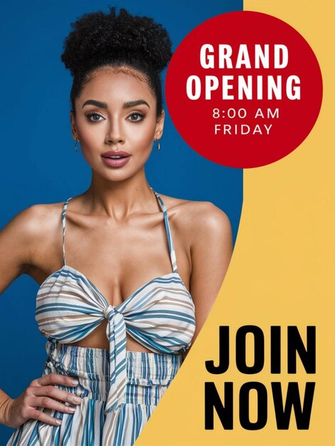 a woman in a striped top is standing in front of a sign that says grand opening