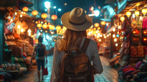 Photo a woman strolling over a unique market street with a rucksack and hat generative ai