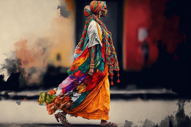 A woman strolls in colorful attire