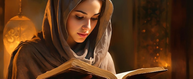 A woman studies the Koran A girl in a mosque reads a holy book Belief in Allah