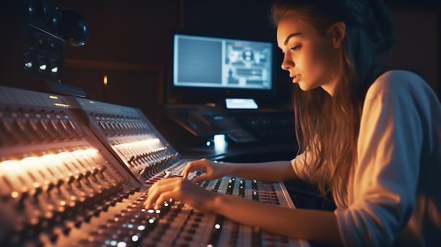 Foto donna in studio ingegnere dell'audio ingegnere del suono ingegnere del suono ingegnere della musica console di mixaggio