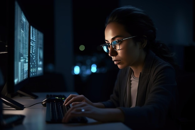 a woman studying cybersecurity at a computer late at night