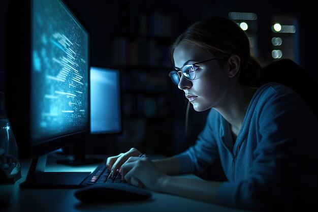 a woman studying cybersecurity at a computer late at night