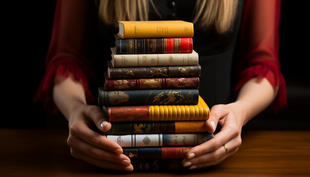 Photo a woman studying holding a book surrounded by bookshelves generated by ai