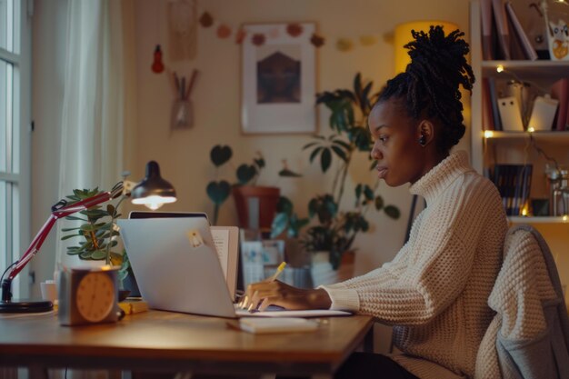 Photo woman studying at home with diverse students making video calls