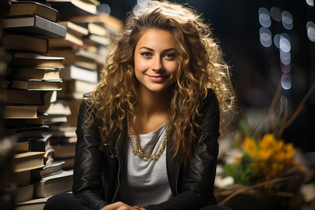 Woman studying with laptop and a stack of textbooks