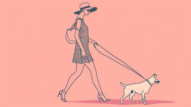 Foto una donna con un vestito elegante e un cappello porta a passeggio il suo cane al guinzaglio la donna sta guardando il suo cane il cane è di razza piccola ed è bianco