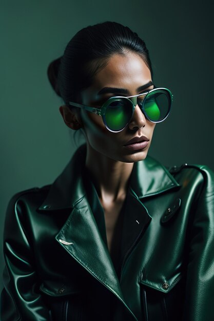 Photo woman in stylish green clothes and green sunglasses generative ai