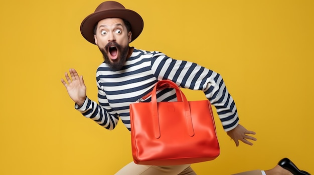 Woman in stylish outfit running on orange background and holding bag