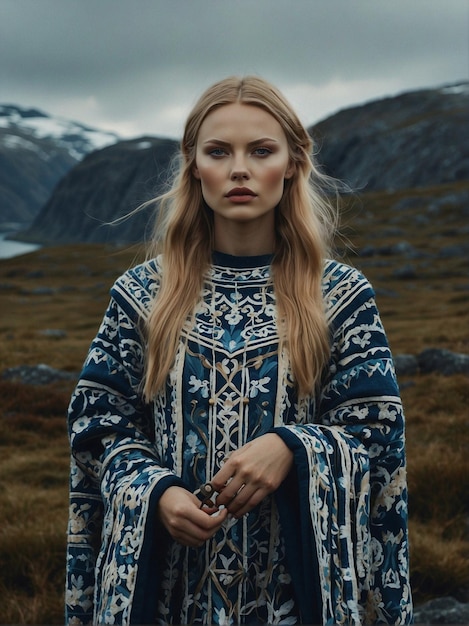 Foto donna in elegante abito invernale in piedi sulle montagne