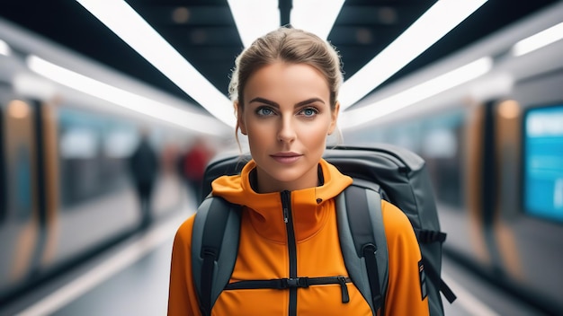 Woman in subway metro with backpack orange suit blonde hair trains travel tourist portrait vacation