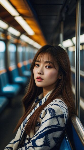 Photo a woman on a subway with a red lip and a blue and white shirt