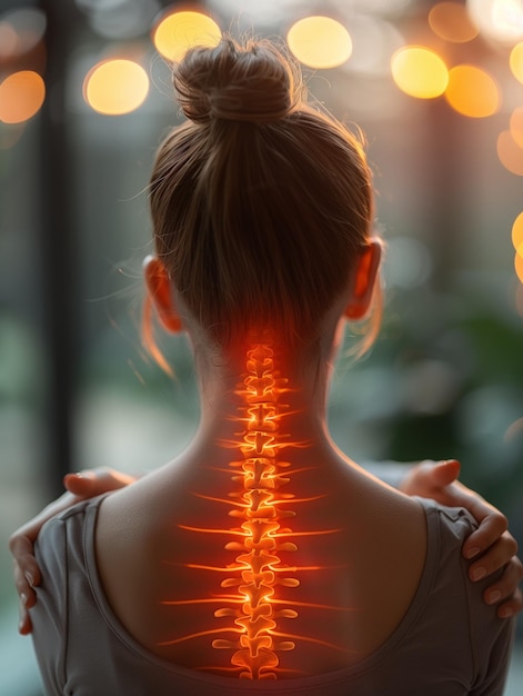 Женщина страдает от болей в спине Проблемы со здоровьем Высокого качества фото сгенерировано Ай
