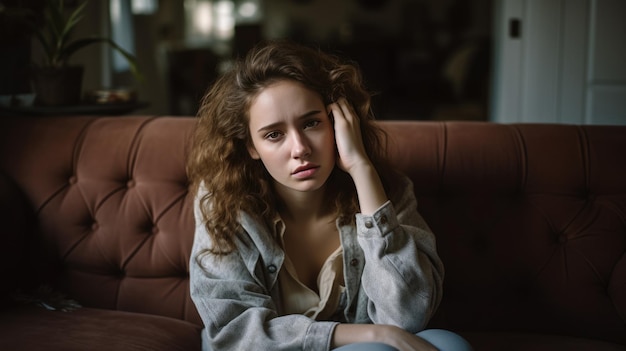 Woman Suffering From Depression Sitting On Bed In Pajamas