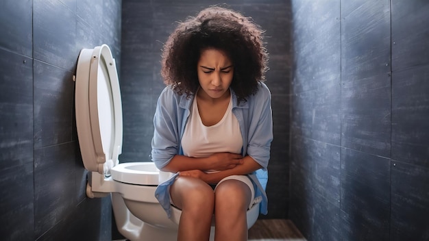 Photo woman suffering from diarrhea constipation and stomach pain at toilet