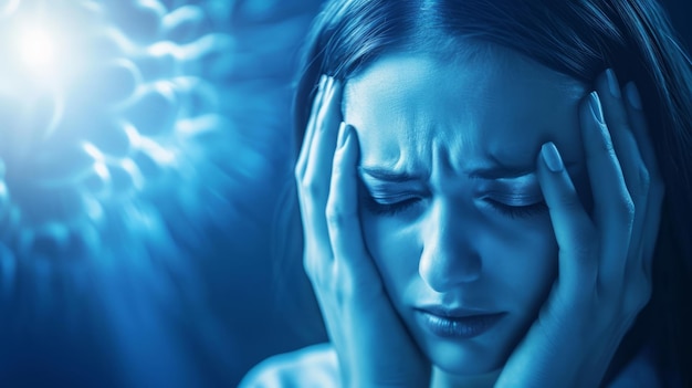 Woman suffering from headache Depressed and stressed female because of pain and migraine