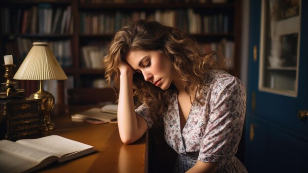 Foto donna che soffre di mal di testa o di emicrania dolorosa con la mano in testa dopo aver letto un libro