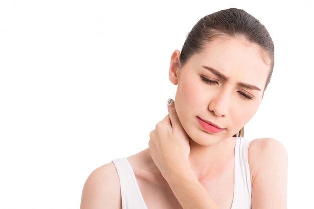 Woman suffering from neck pain isolated on white background