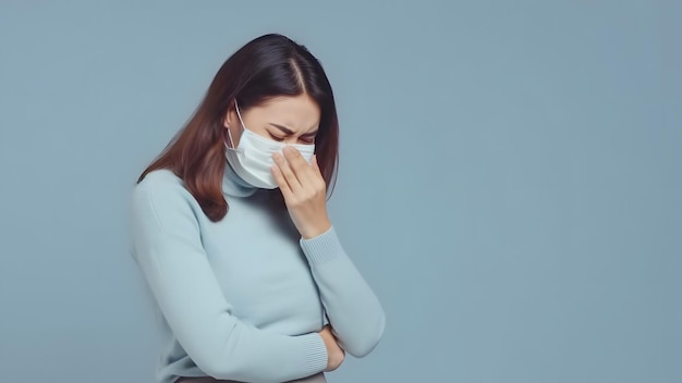 심한 감기에 시달리는 여성 목통과 목구염 증상은 의사와 상담하는 것을 암시합니다.