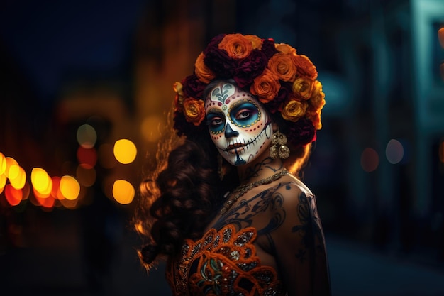 Woman sugar skull fashion make up the day of the dead Dia de los muertos