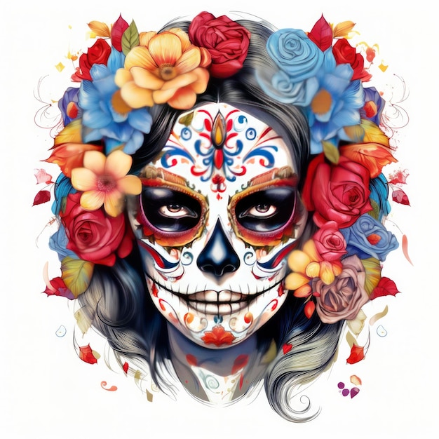 Woman sugar skull with beautiful colored flowers on white background