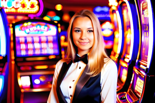 A woman in a suit and bow tie stands in front of a slot machine