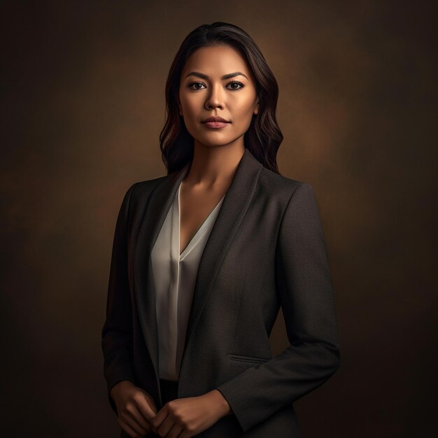 a woman in a suit and a brown background