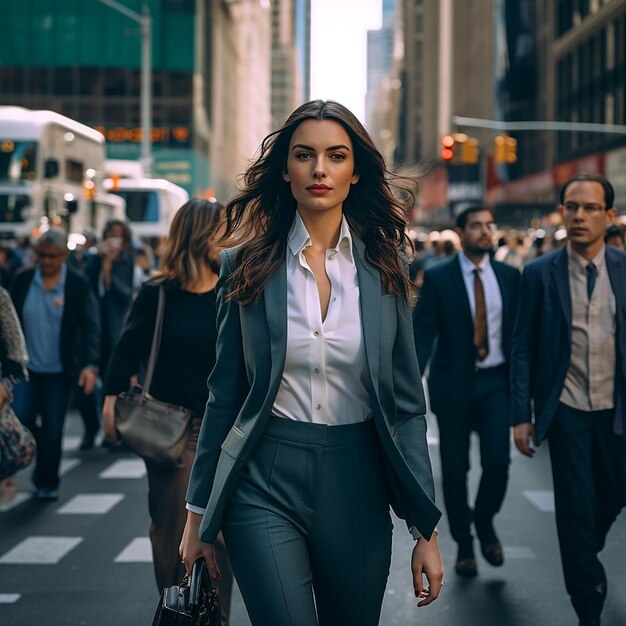 Woman in suit in crowded street