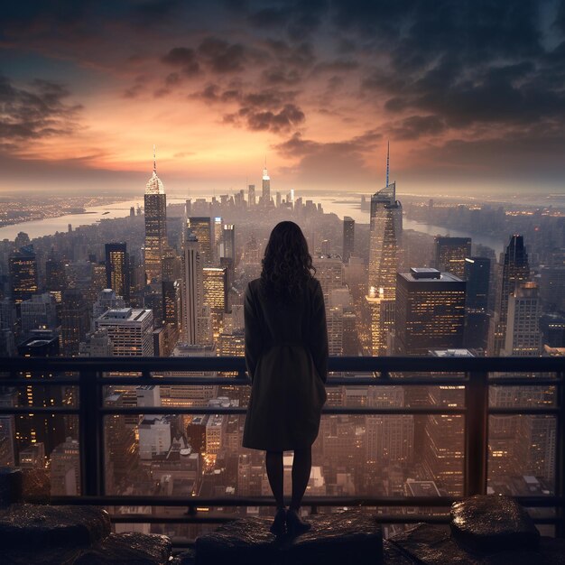 Photo a woman in a suit dress stands in front of a city view