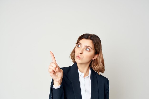 Woman in suit executive businesswoman working studio