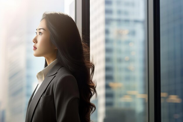 Photo woman in suit gazing out window