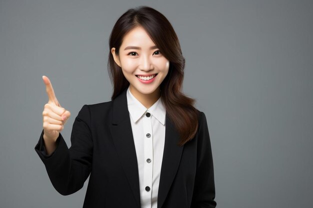 a woman in a suit giving a thumbs up sign