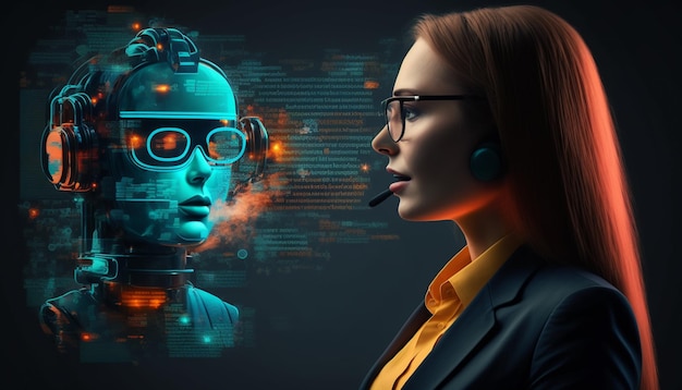 A woman in a suit and glasses looks at a robot with a face in the middle.